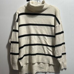 Striped Cream and Black Turtleneck Sweater